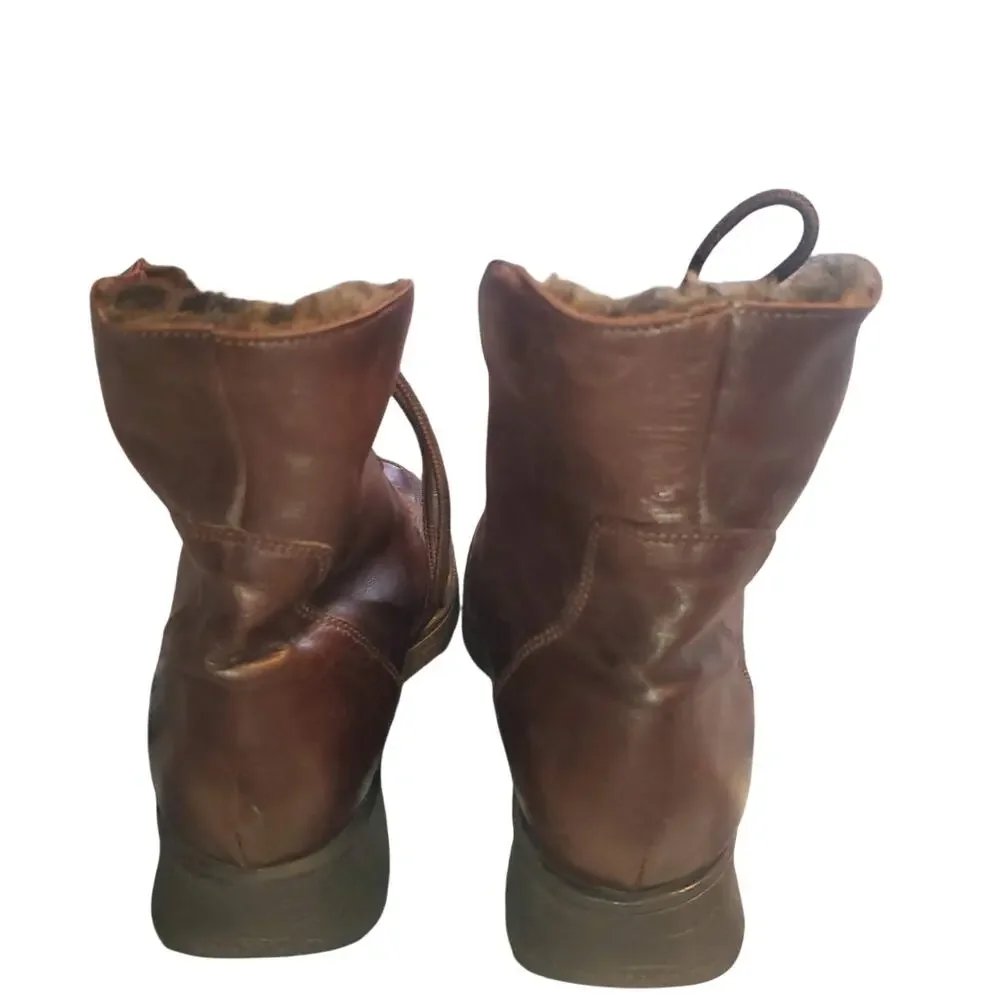 La Canadienne Size 8 Brown Leather Shearling Lined Laced Fold Over Winter Boots